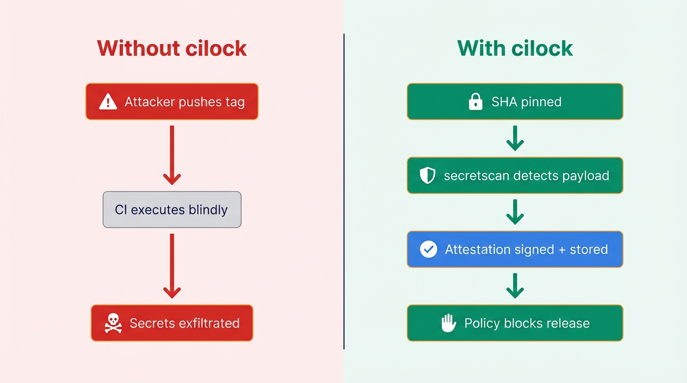 Side-by-side attack flow comparison — without cilock vs. with cilock prevention and detection