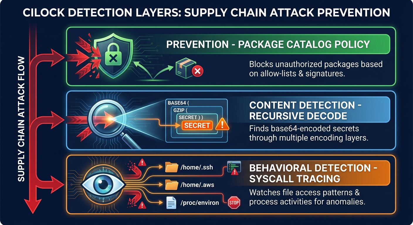 cilock three-layer detection: prevention, content detection, and behavioral detection stopping the attack