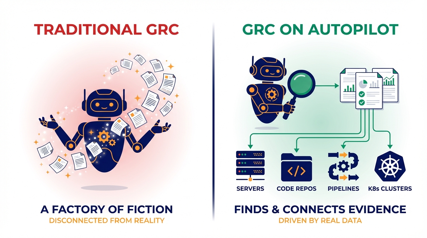 Traditional GRC: a factory of fiction, disconnected from reality. GRC on Autopilot: finds and connects evidence from servers, code repos, pipelines, and K8s clusters.
