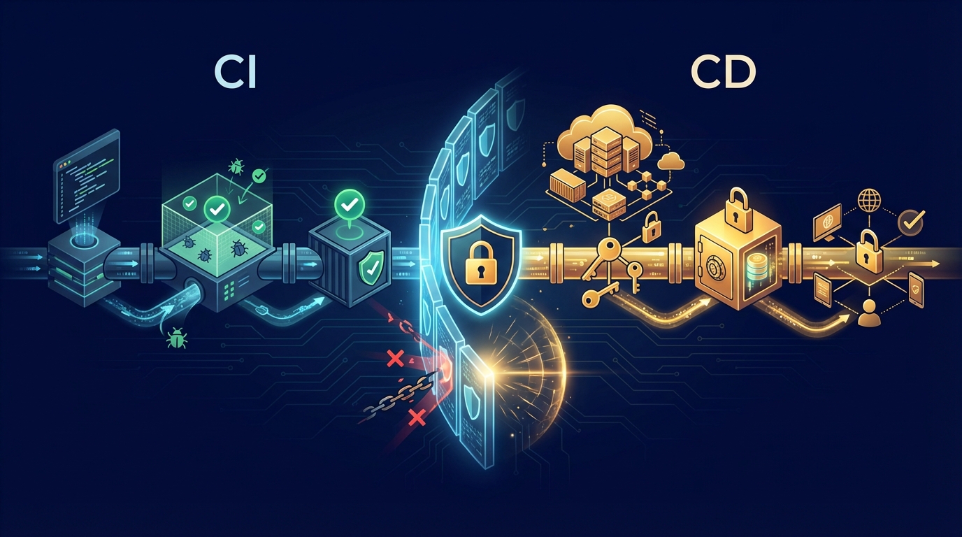 CI/CD isolation architecture — CI sandbox with green checkmarks separated by a security boundary from CD deployment pipeline with golden keys and locked vaults