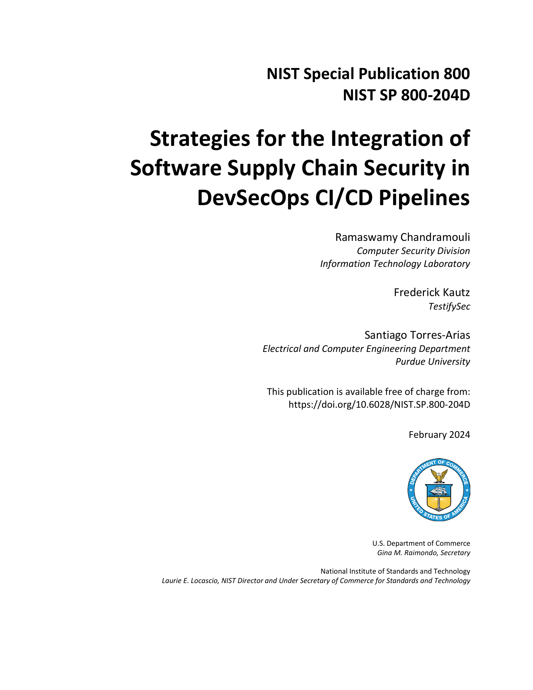 NIST SP 800-204D cover — Strategies for the Integration of Software Supply Chain Security in DevSecOps CI/CD Pipelines, co-authored by Frederick Kautz of TestifySec