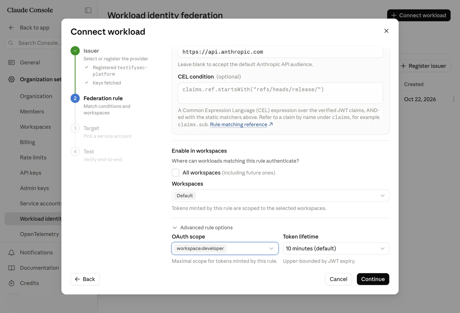 The federation rule: audience, optional CEL condition, workspace and scope
