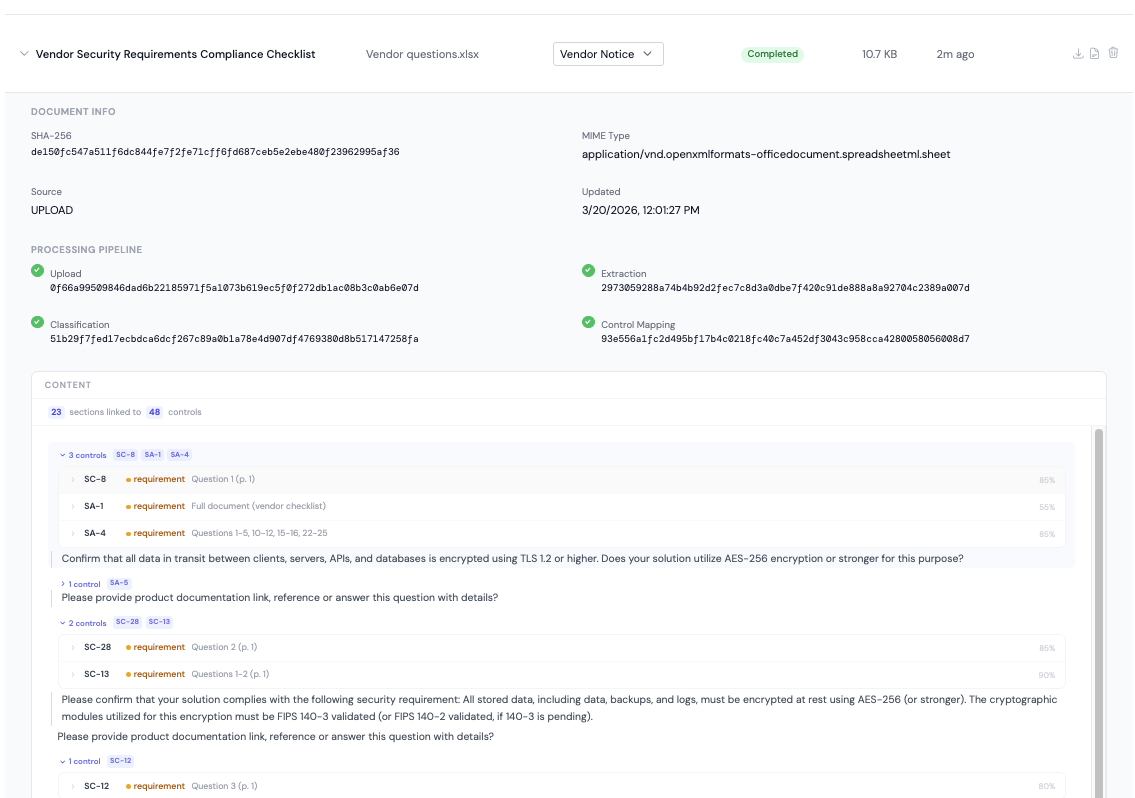 Vendor questionnaire uploaded and mapped to 48 NIST 800-53 controls with processing pipeline and confidence scores
